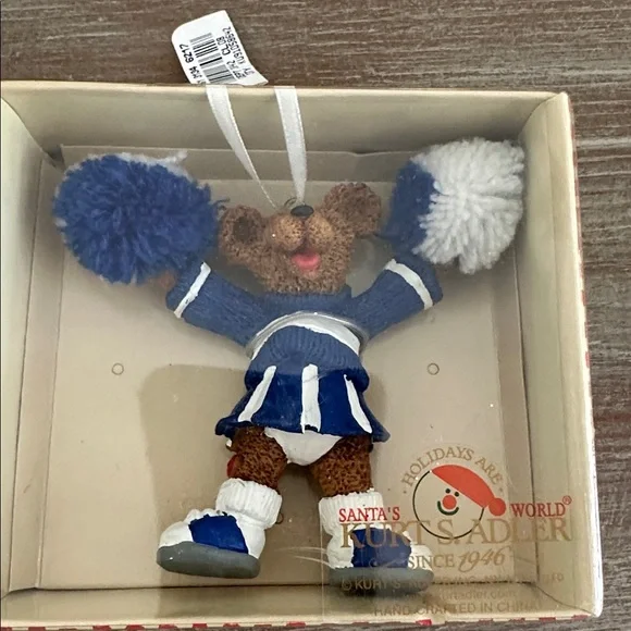 Kurt Adler Vintage Cheerleader Bear Ornament with Blue and White Pom-Poms - Picture 2 of 5